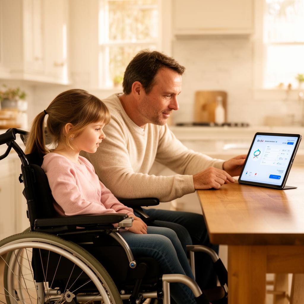 A father and his daughter, who uses a wheelchair, reviewing health records together on a tablet
